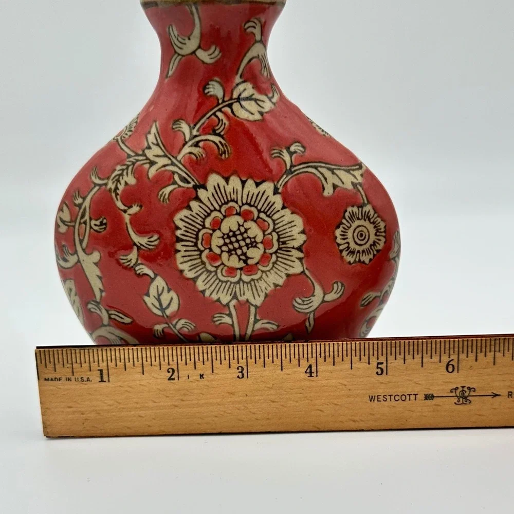 Vintage Chinoiserie Cizhou Style Red Ceramic Flat Pillow Vase Floral 5.5